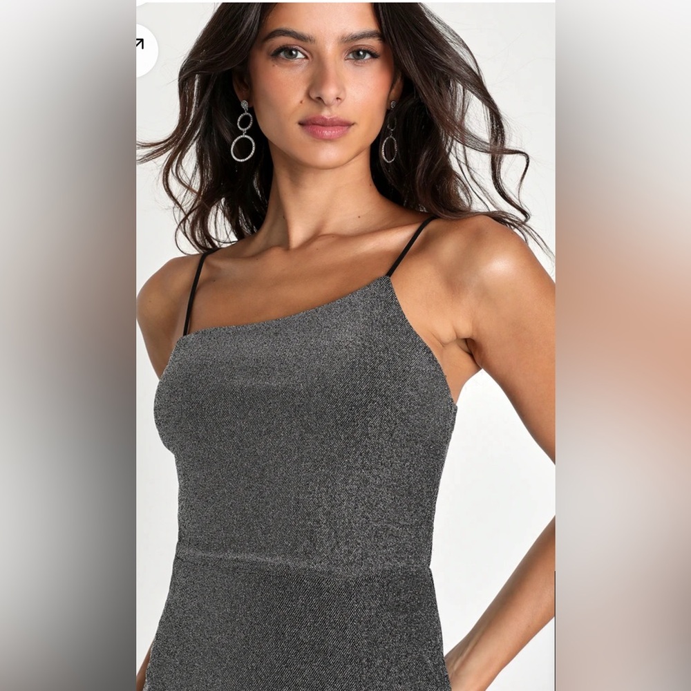 LULU'S Take Me Anywhere Silver Sparkly Asymmetrical Bodycon Mini Dress - Picture 3 of 15